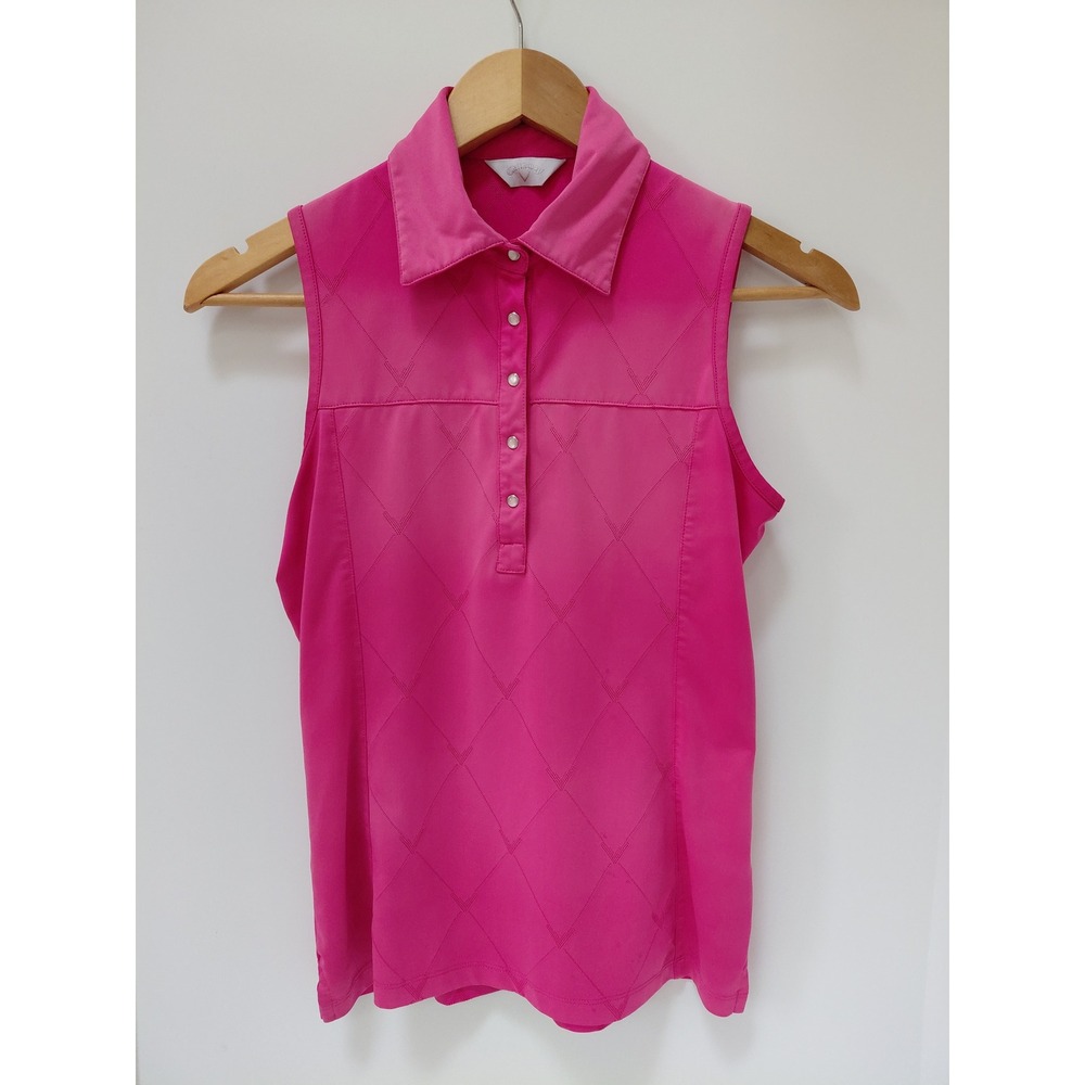 Callaway Womens Pink Argyle Sleeveless Golf Polo Shirt Size XS Diamond Pattern